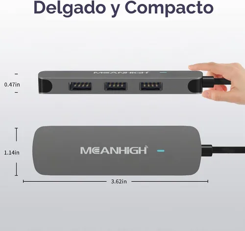 Vista 4 de Hub USB 4 puertos, adaptador portátil con divisor USB A 3.0 múltiple 2.0 para laptop, mini extensor USB Plug and Play para PC, unidad flash, disco