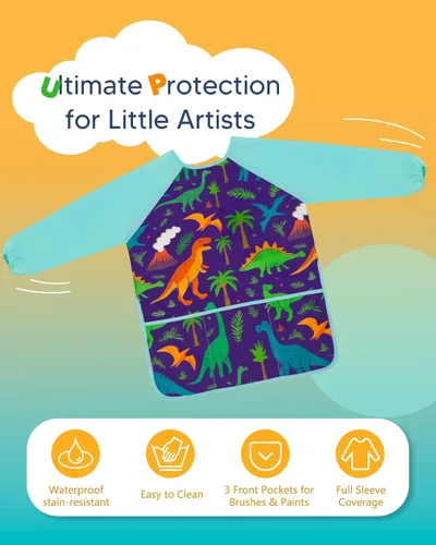 Vista 2 de Oiomniv Delantal de Arte para Niños – Delantal de Pintura de Manga Larga Impermeable con 3 Bolsillos, Delantal Lavable para Niños Pequeños y Niños