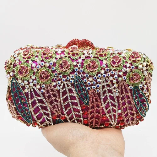 Vista 7 de Boutique De FGG Bolso de mano de flores para mujer, bolso de mano de cristal para mujer, bolsos de noche formales con diamantes de imitación