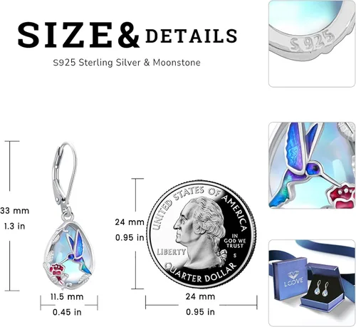 Vista 280 de Aretes colgantes de plata de ley con diseño de árbol de la vida, flor, abeja, animales, gato, colibrí, piedra lunar, turquesa, aretes con cierre