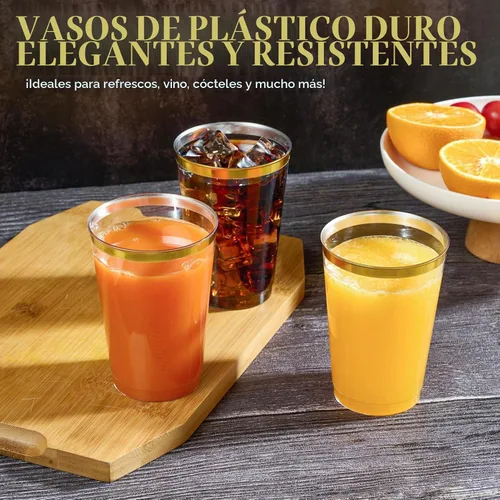 Vista 4 de FOCUSLINE Paquete de 100 vasos de plástico de 12 onzas con borde dorado, vasos transparentes de 12 onzas, vasos duros desechables elegantes