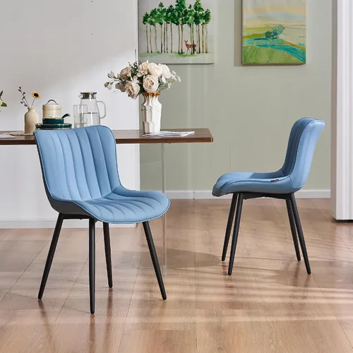 Vista 20 de YOUNUOKE - Juego de 2 sillas de comedor modernas de mediados de siglo, piel sintética azul Faux leather upholstery with blue metal legs. Fits
