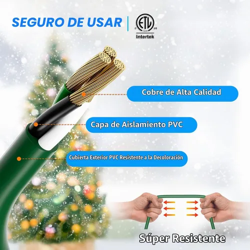 Vista 3 de K KASONIC - Cable de extensión de luces navideñas para exteriores de 46 pies con múltiples tomas, cable eléctrico resistente con certificación ETL
