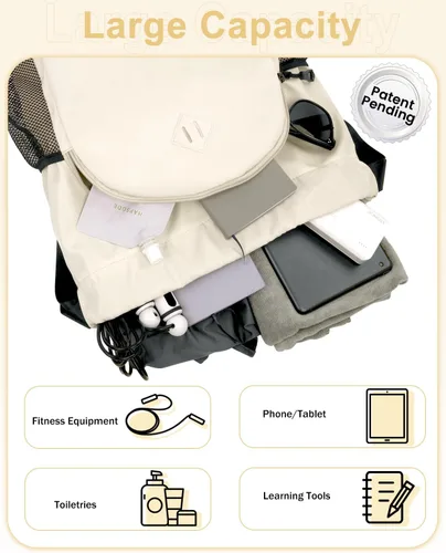 Vista 6 de Mochila de gimnasio con cordón y compartimento para zapatos para hombres y mujeres, bolsa deportiva con bolsillo para ropa húmeda, Beige, Mediana