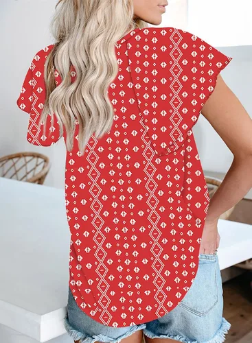 Vista 3 de Dokotoo - Blusa informal, bohemia y con estampado floral para mujer, camiseta con cuello en V y con cordón, blusas de manga corta y manga larga