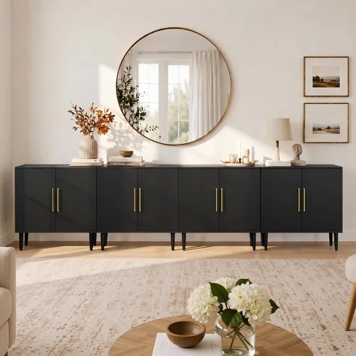 Vista 17 de Vrullu Gabinete de Almacenamiento Moderno, Gabinete de Buffet Independiente, Aparador Negro y Almacenamiento de Buffet, Muebles de Acento de Madera