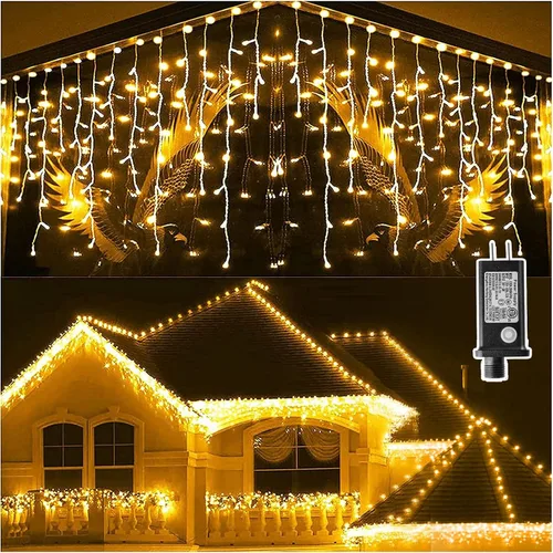 Vista 27 de Guirnalda de 400 luces LED con 75 gotas, de 33 pies, 8 modos de funcionamiento, de alambre transparente para decoración al aire libre, 400 modos