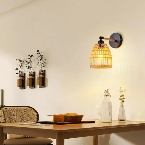 Vista 3 de Rattan Wall Sconce Handmade Wicker Wall Lamp Farmhouse Vintage Wall Light Retro Black E26 E27 Base Lighting Fixture for Living Room Bedroom Home