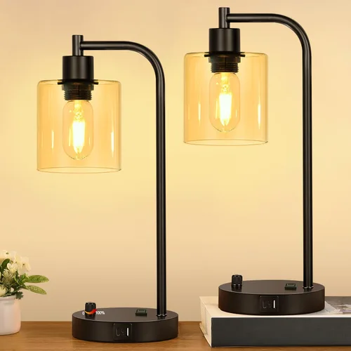 Vista 12 de Juego de 2 lámparas de mesa industriales negras y doradas con puerto USB, lámparas de noche regulables totalmente continuas para dormitorios Vidrio