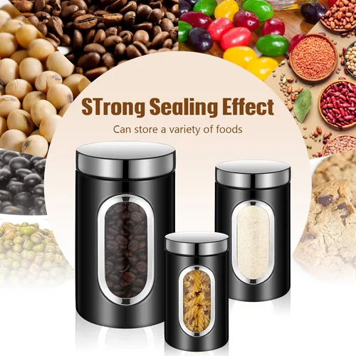 Vista 5 de Maxdot Juego de 6 recipientes negros para encimera de cocina, té, café, azúcar, con ventana transparente, tarro de café, contenedor de azúcar
