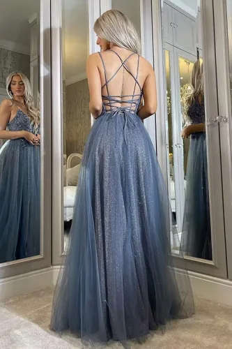 Vista 4 de Vestidos de fiesta de tul con purpurina, apliques de encaje, cuello en V, vestidos largos de noche con tirantes delgados, con abertura