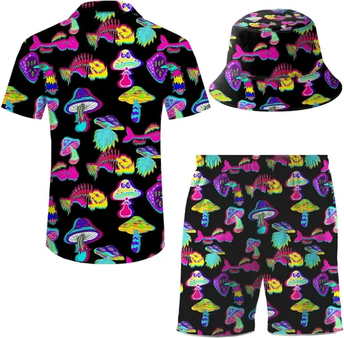 Vista 3 de Conjunto deportivo de 2 piezas para hombre, camisa hawaiana, pantalones cortos, camisa con botones y pantalones cortos con sombreros de pescador