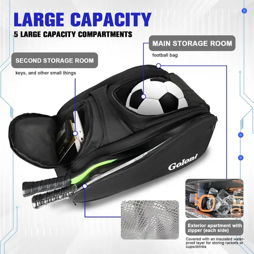 Vista 3 de Goloni Pickleball Bag Padel Racket Backpack Large Capacity for Men Women Separate Waterproof Shoes Compartment Pickleball Accessories -Thermal