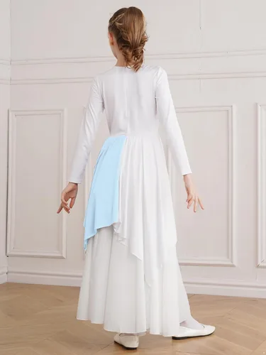 Vista 6 de JEATHA Vestido tipo túnica asimétrica de alabanza metálica brillante de manga larga para niños y niñas, disfraz de baile contemporáneo lírico