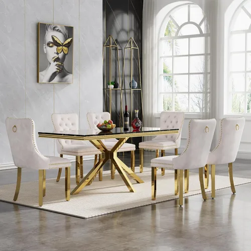 Vista 75 de HomVent - Juego de mesa de comedor de mármol sintético de 68 pulgadas con 4 sillas de terciopelo para cocina Modern Rectangular Faux Marble