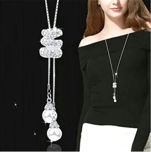 Vista 2 de Cathercing - Collar largo con colgante de perla en espiral para mujer, collar de cadena de suéter, gargantilla ajustable, joyería elegante