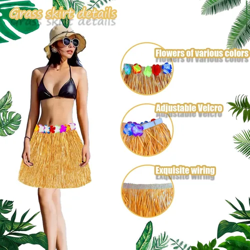 Vista 3 de Faldas de hierba de rafia natural, 4 piezas, flores tropicales, Luau Hula decoraciones para adultos, mujeres y hombres, hawaianas