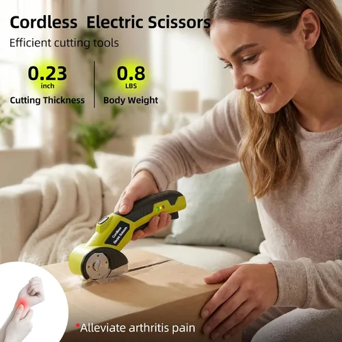 Vista 2 de Cortador eléctrico inalámbrico, cortador de tijeras recargable de 4 V con 2 cuchillas giratorias, cable USB, bolsa de almacenamiento, bloqueo