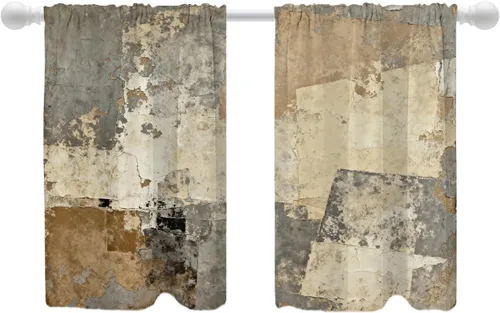 Vista 64 de Shrahala Beige and Orange Abstract Art Brushstrokes Blackout Curtain Tiers, Abstract Oil Paint Kitchen Valance Light Blocking Tier Drapes with Rod