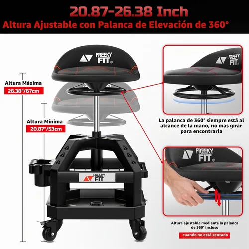 Vista 5 de Rolling Shop Taburete para garaje con ruedas, DO02 - Asiento giratorio de 360° de altura ajustable con almacenamiento de bandeja de herramientas