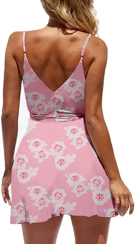 Vista 2 de CASURESS - Vestido corto de verano con cuello en V para mujer con estampado floral vuelo tirantes delgados cinturón sin mangas estilo patinadora