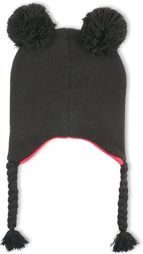 Vista 2 de Disney Gorro unisex de punto de acrílico de Mickey Mouse para invierno, con orejas de pompón y borlas de punto.