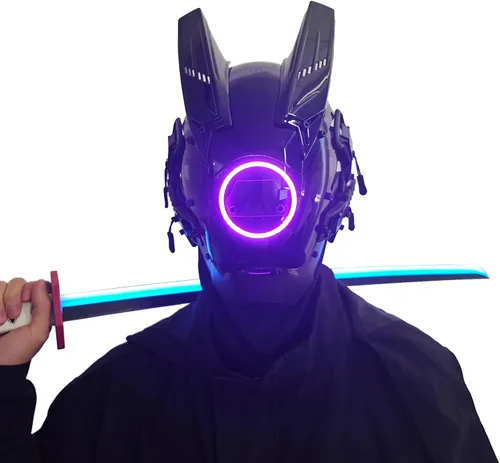 Vista 8 de Techwear - Máscara punk, máscara de samurái con luz LED, máscara de anime para cosplay de Halloween