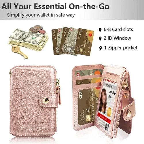 Vista 3 de Penekin Cartera con llavero con ventana de identificación, tarjetero de cuero con cremallera para mujer, Rosado, Multifunción
