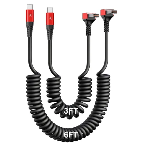 Vista 23 de Cable USB A a USB C de 90 grados, paquete de 2 cables USB tipo C en espiral de 3 pies para automóvil, cable de carga rápida USB-C compatible