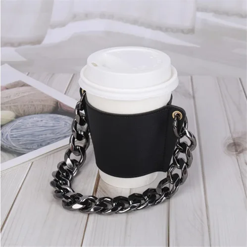Vista 14 de Soporte de cuero de lujo para bebidas con mango de bebidas, soporte reutilizable para tazas de café de viaje, soporte de taza de cadena de metal