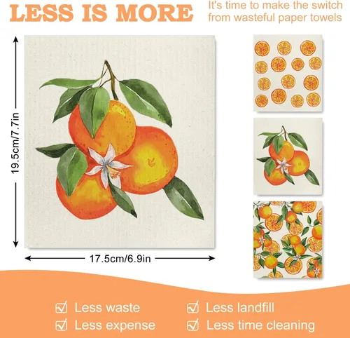 Vista 2 de Whaline 6 paños de cocina suecos anaranjados con patrón de frutas cítricas de algodón, toallas de cocina absorbentes de verano para fiestas, hogar