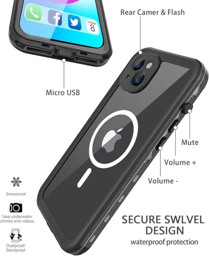 Vista 5 de Funda magnética para iPhone 14 impermeable, [lente y protector de pantalla integrados] [a prueba de golpes] [a prueba de caídas] [a prueba de polvo]
