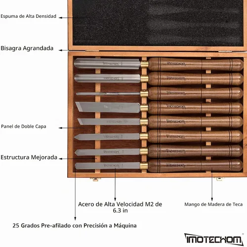 Vista 3 de Juego de 8 piezas de cinceles HSS para torno de madera con caja de madera