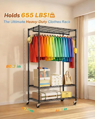 Vista 2 de Perchero resistente de acero al carbono con ruedas bloqueables, estantes y ganchos ajustables, estantes de ropa independientes para colgar ropa