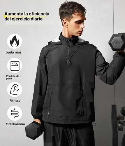 Vista 4 de Junlan - Chaqueta de sauna para hombre, chaqueta de sudor con cremallera, sudadera para entrenamiento, traje de sauna