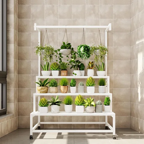 Vista 6 de Soporte de metal grande de 3 niveles, con estante alto para macetas colgantes, con rodillos resistente para plantas, para el hogar, jardín, sala