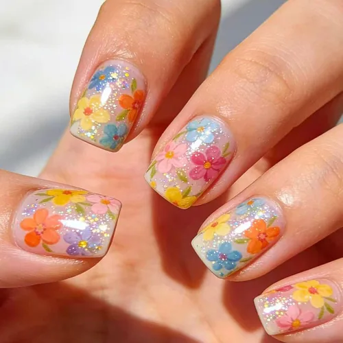 Vista 32 de Uñas postizas a presión con punta francesa verde, uñas postizas cuadradas cortas con diseños de cuentas de flores en 3D, uñas de verano, uñas Verde