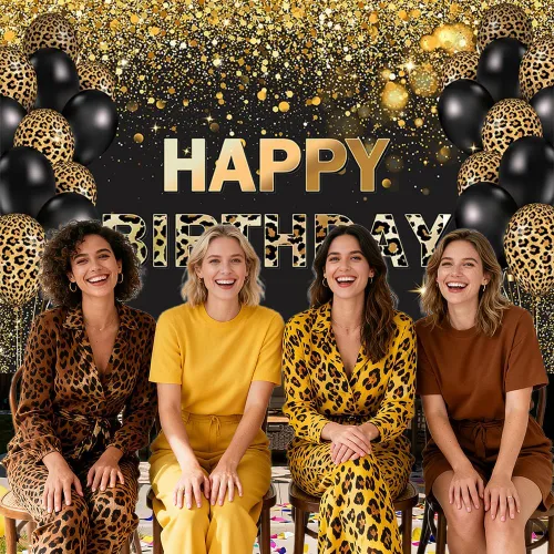 Vista 3 de Telón de fondo de feliz cumpleaños de 7 x 5 pies, lentejuelas doradas, globos de leopardo negro con purpurina, fondo para fotos, decoración