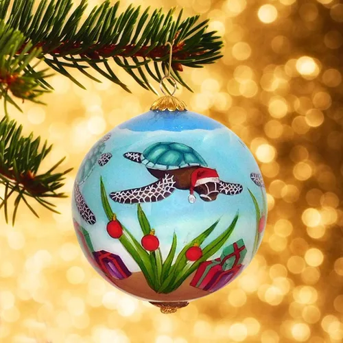Vista 9 de Adorables tortugas marinas celebran la Navidad pintado a mano ornamento hawaiano