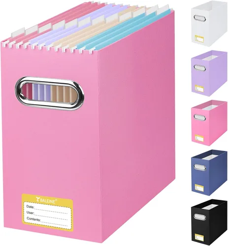 Vista 13 de BALEINE Caja organizadora de archivos, organizador de carpetas de archivos de cartón con asa para tamaño carta, caja de archivos plegable portátil