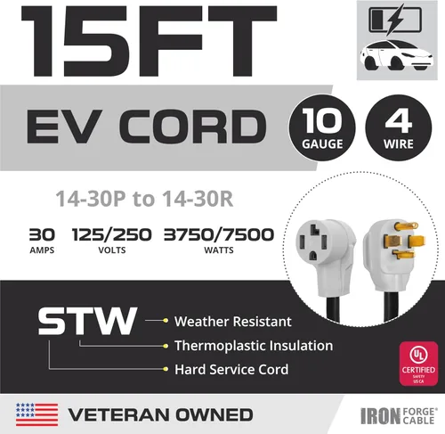 Vista 3 de Iron Forge Cable Cable de extensión para secadora de 30 amperios/EV, 15 pies - NEMA 14-30 Cable STW 10/4, NEMA 14-30, 30 amperios, 4 clavijas