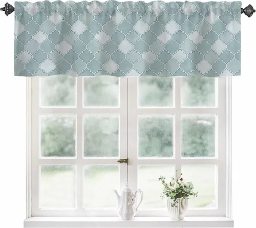 Vista 8 de Cortinas de cenefa para ventanas, patrón marroquí en acuarela, cenefa semitransparente, con formas geométricas abstractas, bolsillo para cortinero