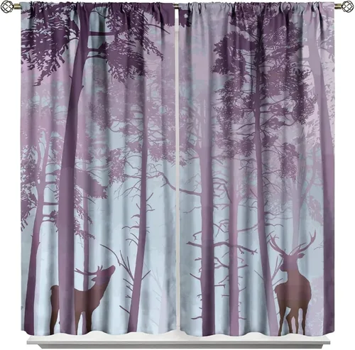Vista 28 de Cortinas opacas con diseño de ciervos, bosque brumoso, rústico, vida silvestre, alce, montaña, pájaros, pino, bosque, cortinas de ventana