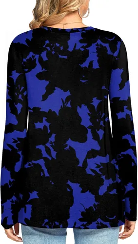 Vista 3 de HOTGIFT Blusa de manga larga con cuello redondo para mujer, para otoño, invierno, holgada, cómoda, suave, con bolsillo