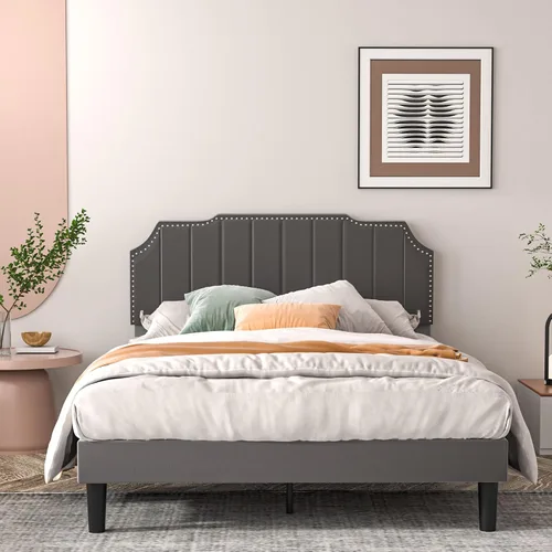 Vista 3 de VECELO Base de cama tapizada tamaño Queen con cabecera ajustable copetuda, base de colchón, soporte de listones de madera, fácil montaje, gris oscuro