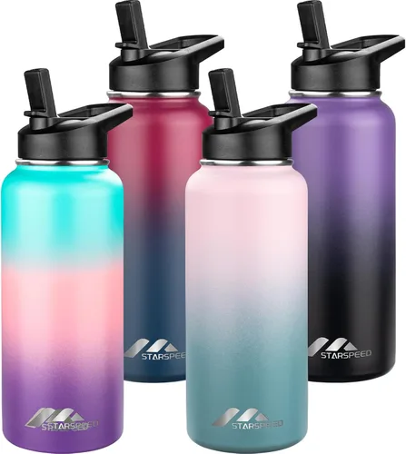 Vista 15 de StarSpeed Botella de agua aislada de 32 onzas con tapa con pajilla, botella de agua al vacío de doble pared de acero inoxidable, botella de agua