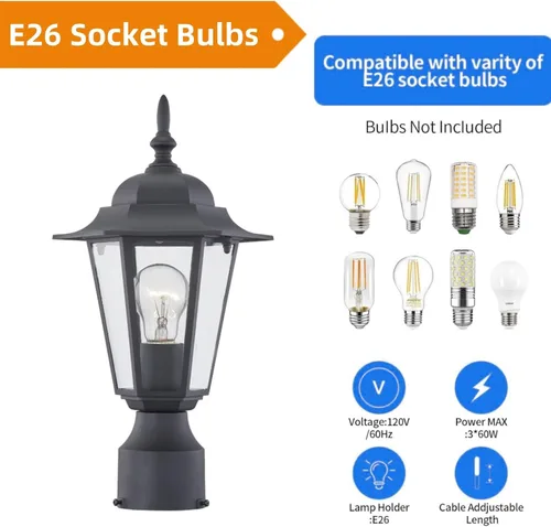 Vista 5 de WISBEAM Luz de poste para exteriores, linterna de poste, base E26 de 60 W máximo, carcasa de aluminio más vidrio, clasificación de ubicación húmeda