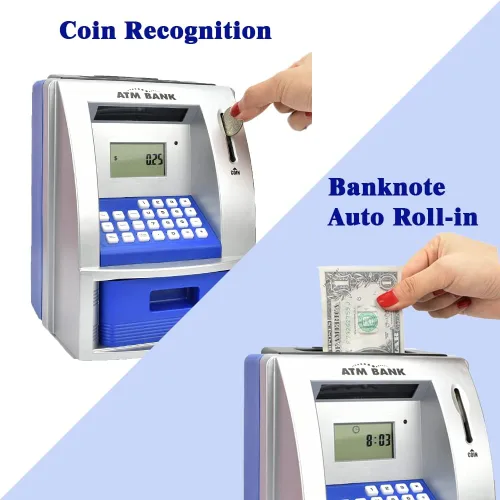 Vista 3 de Toy Talking ATM Bank - Caja de ahorros para niños, funciona como un depósito real, retiro, tarjeta de débito, objetivo de ahorro, temporizador y Azul