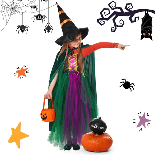 Vista 6 de Hercicy Juego de 5 piezas de disfraz de bruja de Halloween, calcetines a rayas para festival, bolsa de truco o trato de calabaza para niños y niñas