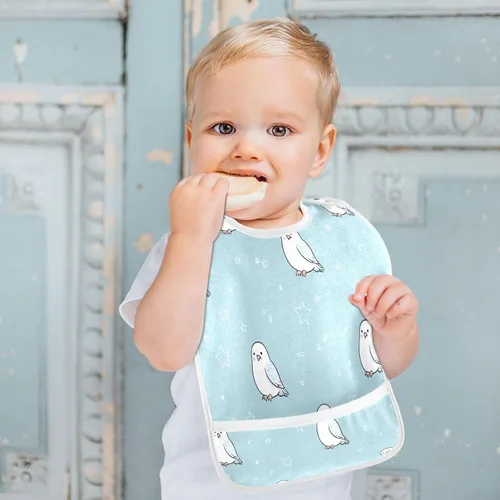 Vista 6 de Absorbent Baby Drooling Bibs with Button Snap 2 Pack Teething Feeding Cute Animal Hawk Star Pastel Blue baberos para nino paquete